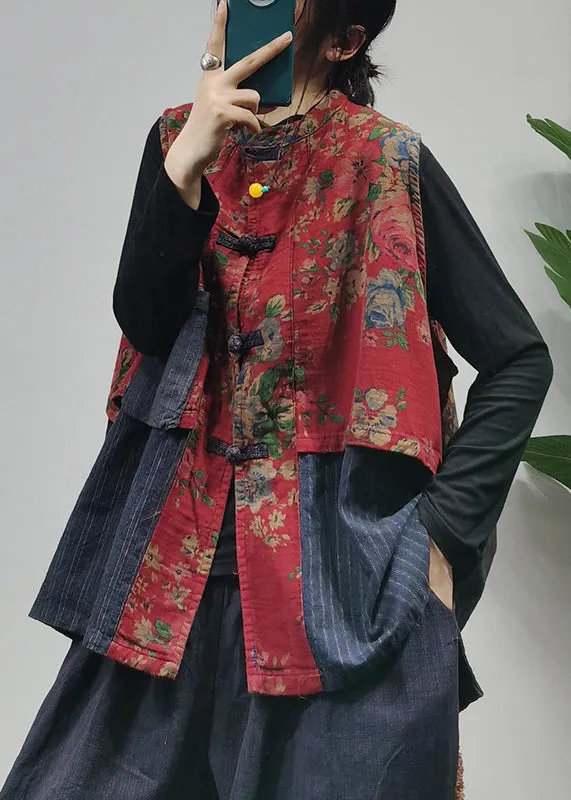 Vintage Red Stand Collar Chinese Button Patchwork print Cotton Vest Sleeveless