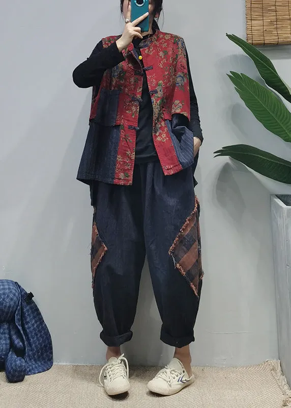Vintage Red Stand Collar Chinese Button Patchwork print Cotton Vest Sleeveless