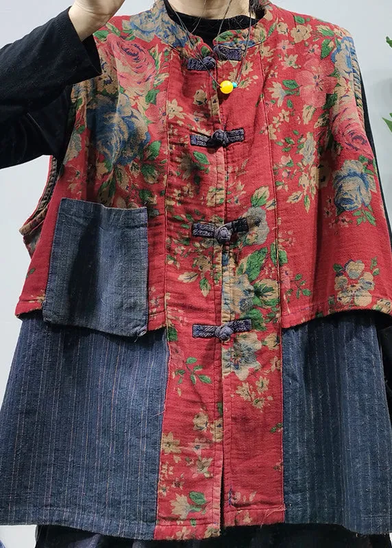 Vintage Red Stand Collar Chinese Button Patchwork print Cotton Vest Sleeveless
