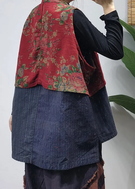 Vintage Red Stand Collar Chinese Button Patchwork print Cotton Vest Sleeveless